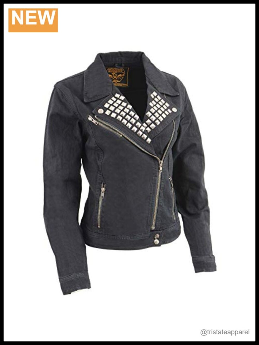 Black Studded Denim Jacket - 14oz Cotton, Snap/Zipper